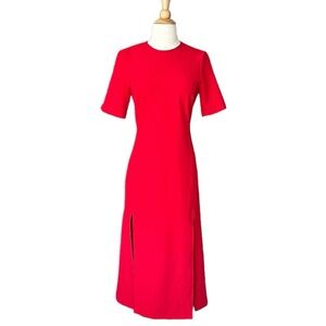 ZARA Red MIDI Dress Column Front Slit Pencil Career Holidays, Size XS